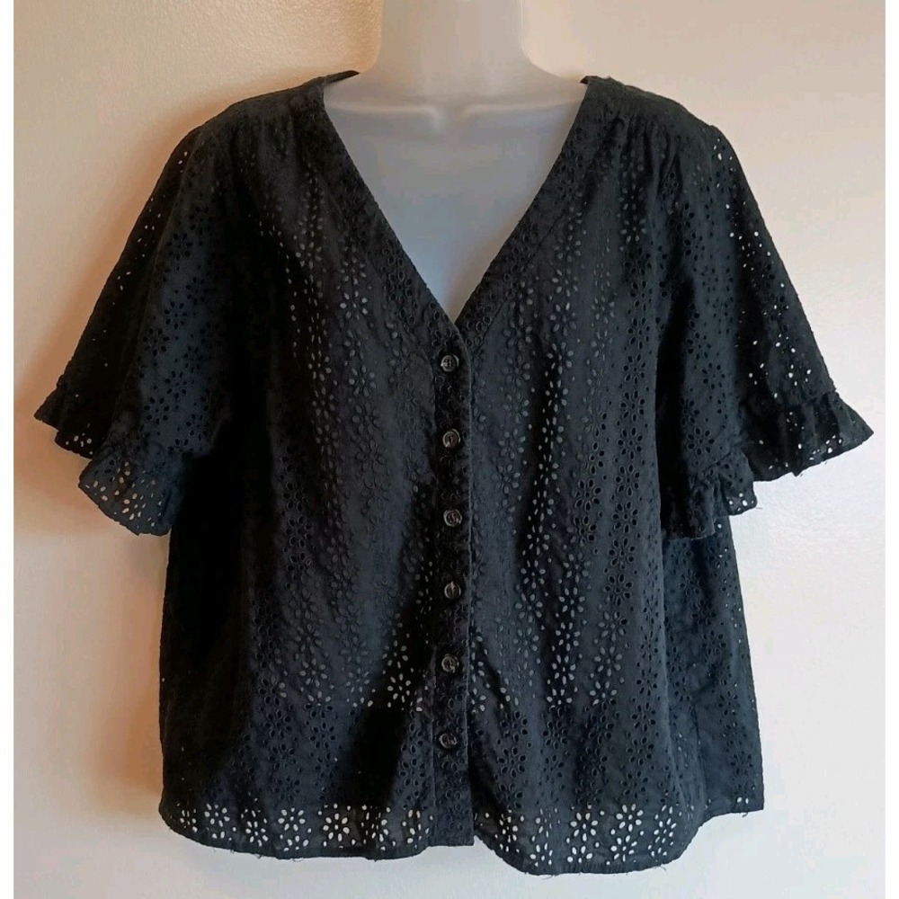 Madewell XL Black Eyelet Ruffle Sleeve Button Front Blouse Cotton Boho